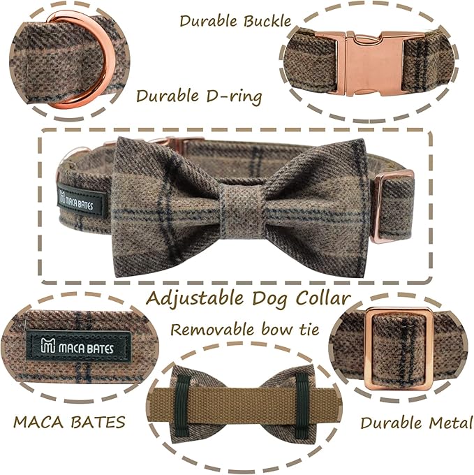 MACA Bates Dog Brown Woolen Collar with Nylon- Warm and Soft Bows Dog Collar for Large Medium Small Dogs, Adjustable Dog Collar with Metal Buckle for Boy and Girl in Winter, XS Puppy Collar