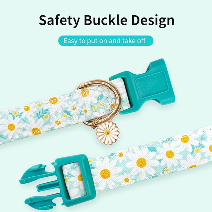 Fashionable Dog Collar with Bow Tie for Small Medium Large Dogs,Cute and Soft Puppy Collar for Male Female Dogs,Cyan Durable Cotton Dog Collar with Adjustable Buckle Daisy Pattern (L, Cyan Daisy)