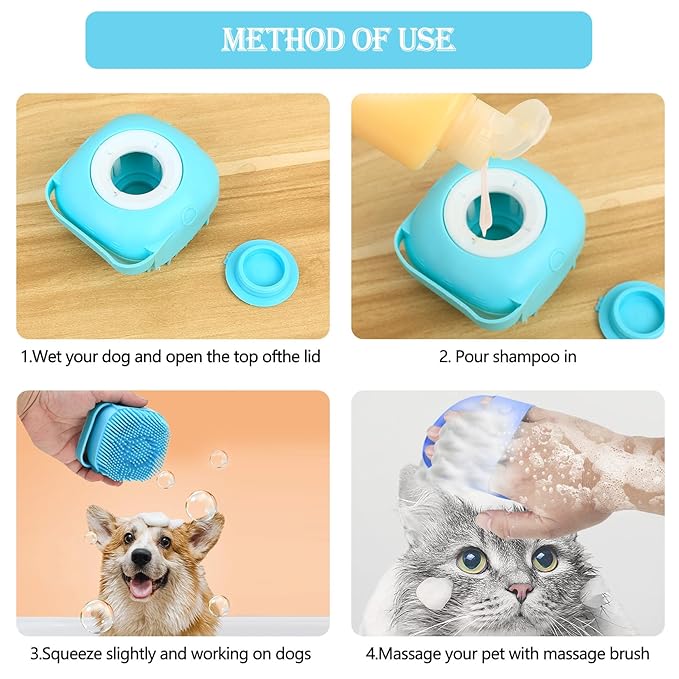 Dog Bath Set - Silicone Massage Brush, Shampoo Dispenser, and Scrubbers for Short & Long Hair Pet Grooming