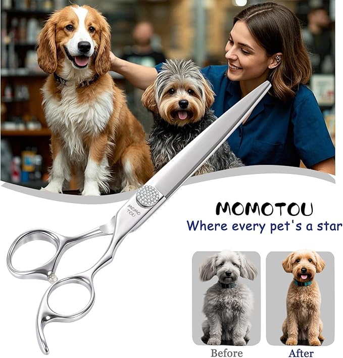 Professional Straight Dog Grooming Scissors with Simulation Diamond 440C Stainless Steel Polished Pet Cat Hair Cutting Shears for Groomers and Home users 7''