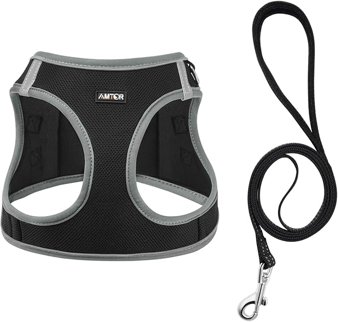 AMTOR Small Dog Harness with Leash Set, No Escape Easy Walk Puppy Harnesses for Training Walking, Step-in Reflective Soft Dogs Vest for XS S Medium Extra-Small Large Sized Dog(Black/Grey)