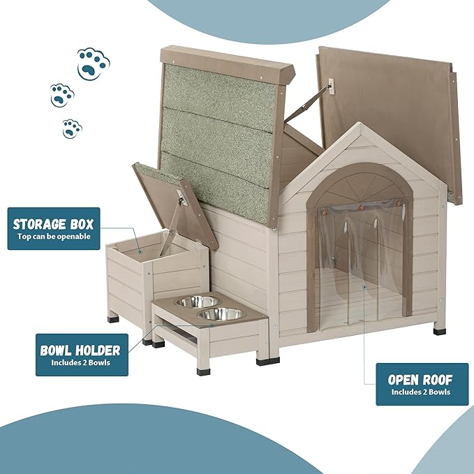Dog House Outside, Wood Dog House Outdoor with Feeding Area and Door Curtain Open Roof Doghouse for Medium Small Dogs-Cream