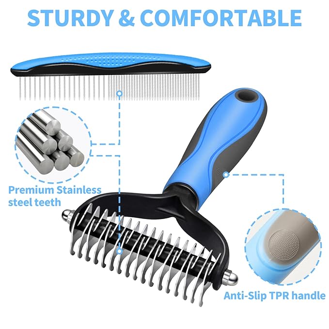 2 in 1 Pet Grooming Comb for Cats and Dogs – Stainless Steel Teeth and TPR Design for Detangling, Deshedding, and Dematting, Ideal for Long and Short Hair Pets
