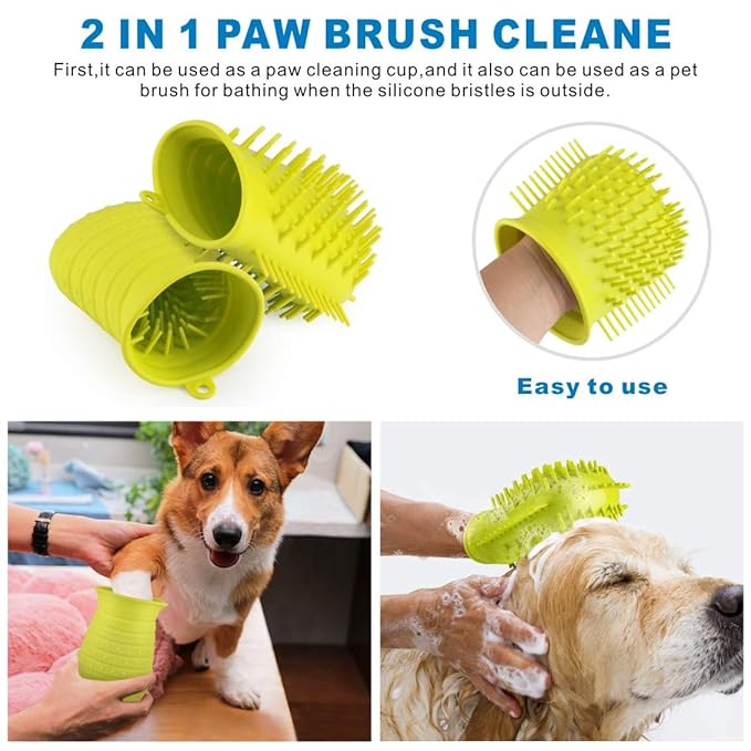 Idepet Dog Paw Cleaner Cup with Towel Pet Foot Washer Protable Dog Cleaning Brush for Puppy Cats Massage Grooming Dirty Claw (Green)