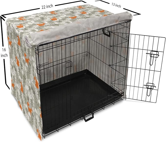 Lunarable Autumn Fall Dog Crate Cover, Fox Animal Sleeping in The Forest Plants Woodland Wildlife Theme, Easy to Use Pet Kennel Cover for Small Dogs Puppies Kittens, 22 Inch, Orange Grey White