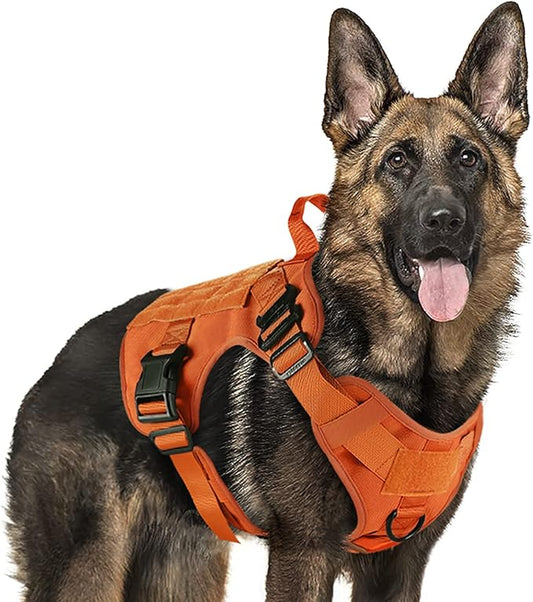 rabbitgoo Tactical Dog Harness for Large Dogs, Heavy Duty Dog Harness with Handle, No-Pull Service Dog Vest Large Breed, Adjustable Military Dog Vest Harness for Training Hunting Walking, Orange, XL