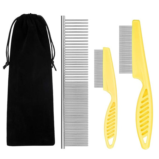 Flea Comb for Cats Dog Comb Lice Comb Metal Teeth Durable Tear Stain Dog Combs Remove Float Hair Combing Tangled Hair Dandruff Pet Comb Grooming Set 3 Pieces Add Storage Pouch (Yellow)