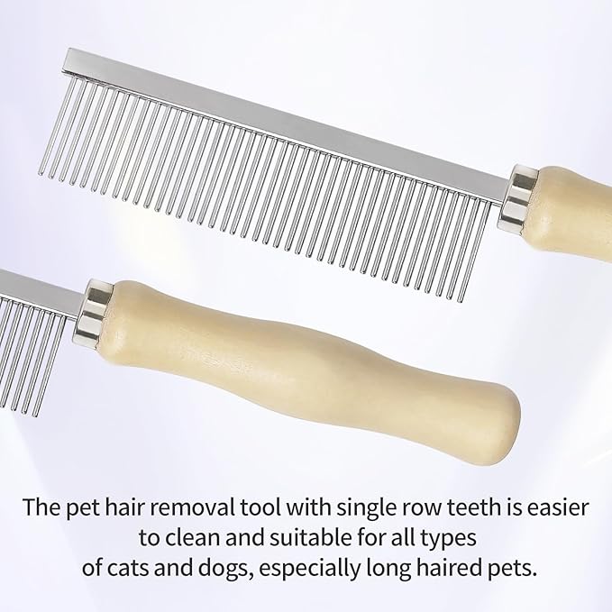 Pet Comb - Stainless Steel Teeth and Wooden Handle - Detangling and Smoothing Tool for Long and Short Hair Dogs and Cats