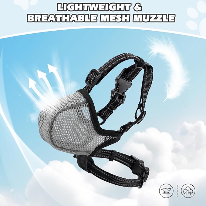 Dog Muzzle,Mesh Soft Muzzle for Small Medium Large Sized Dogs, Breathable Reflective Adjustable Puppy Muzzles with Collar for Scavenging Grooming Biting Chewing,Allows Panting and Drinking(Grey XL)