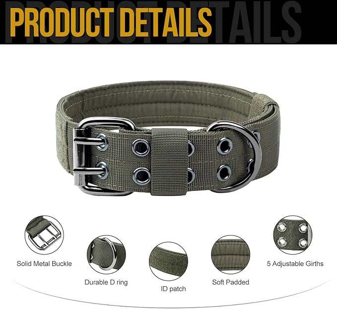 OneTigris Military Adjustable Dog Collar with Metal D Ring & Buckle 2 Sizes (Ranger Green, M)