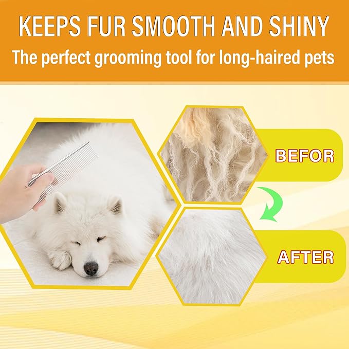 Dog Comb and Cat Combs Stainless Steel Teeth, Grooming Tool for Long & Short Hair, Dematting Comb for Dogs, Removes Tangles & Knots (Small Silver)
