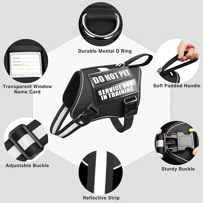 Service Dog Harness and Leash Set, Training Dog Vest with 10 Dog Patches, Emotional Support Therapy Dog Vest Harness for Small Medium Large and Extra Large Dogs(Black, S)