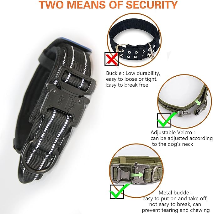 KCUCOP Tactical Dog Collar, Heavy Duty Dog Collar with Handle and Metal Buckle, Military Thick Dog Collars for Medium and Large Dogs(Black-XL-Reflective, 1 Patch)