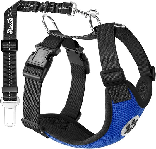 SlowTon Dog Seat Belt Harness for Car, Dog Car Harness Adjustable Mesh Breathable & Dog Seatbelt Safety Tether with Elastic Bungee for Small Medium Large Pets(Blue, Single Clip, S)