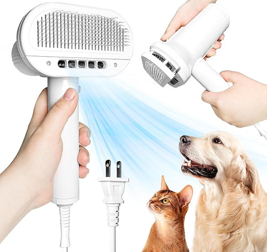 2-in-1 Pet Grooming Dryer and Brush - Overheating Protection, 3 Blowing Modes, Low Noise - Ideal for Small and Medium Dogs/Cats - Slim Handle (White)