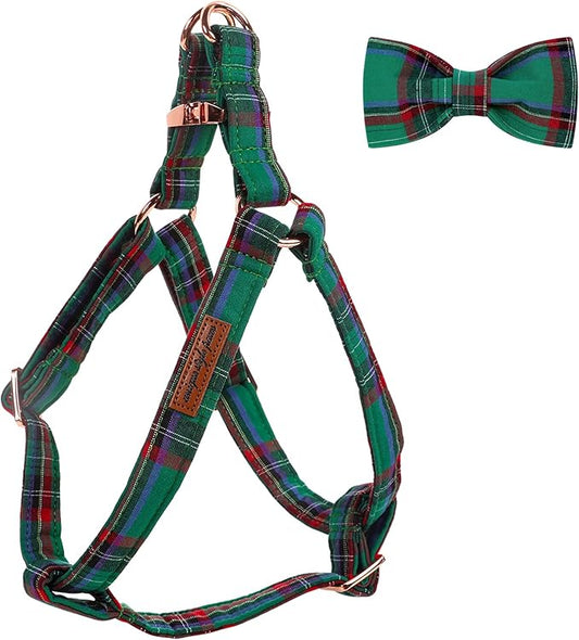 Unique style paws Green Plaid Dog Harness Adjustable Harnesses Durable Hardware with Bowtie for Small Medium Large Dog-Christmas Style-L