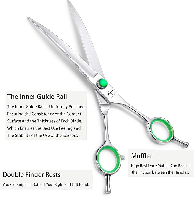 PURPLEBIRD 7 Inch Straight, Downward Curved Dog Grooming Scissors Set Professional Pet Cutting, Thinning Texturizing Shears Safety Blunt Tip Trimming Shearing Dog Cat Japanese Stainless Steel Silver