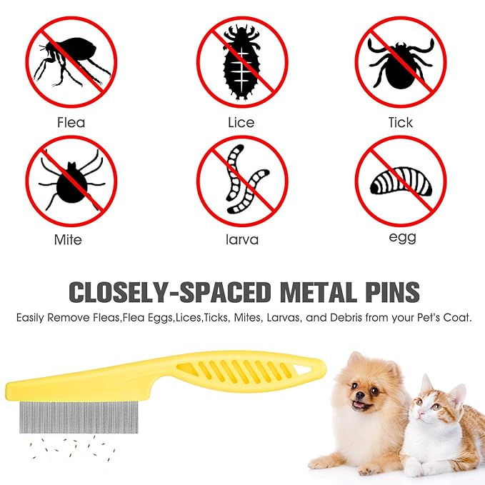 Flea Comb for Cats Dog Comb Lice Comb Metal Teeth Durable Tear Stain Dog Combs Remove Float Hair Combing Tangled Hair Dandruff Pet Comb Grooming Set 3 Pieces Add Storage Pouch (Yellow)