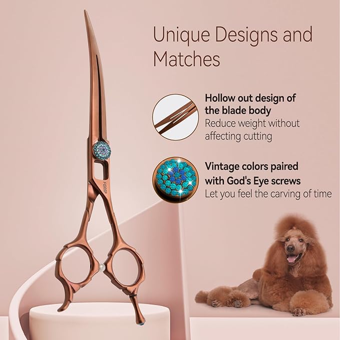 Curved Dog Grooming Scissors 7'' Downward 30° Professional Pet Grooming Trimming Shears for Dogs Suzhi Teddy High Cobalt Alloy Steel for Right Handed Groomers (7, Chocolate Curve)