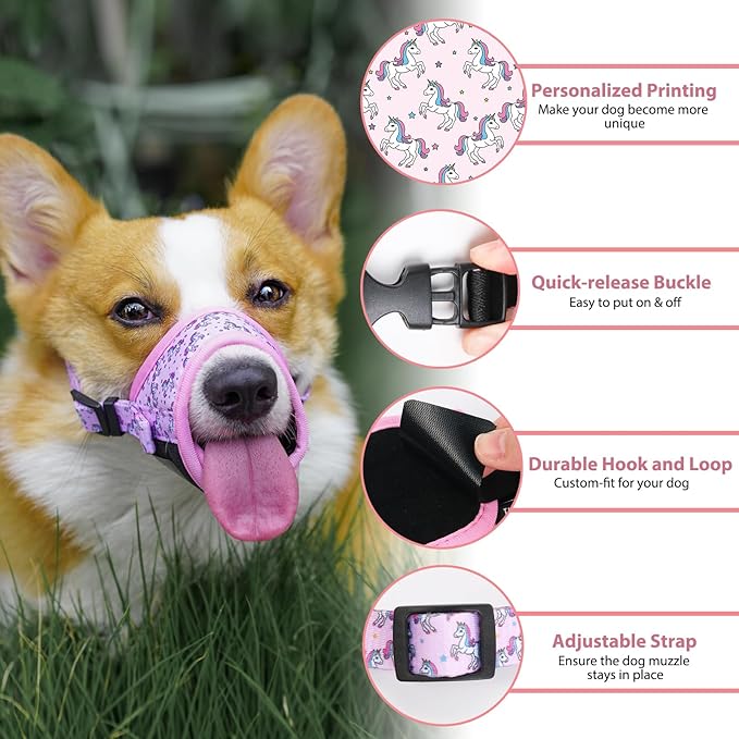 LUCKYPAW Dog Muzzle, Soft Dog Muzzles for Small Medium Large Dogs, Breathable Muzzles to Stop Biting and Chewing with Pattern, Allows Panting and Drinking (S-(Snout 4¾"-6"), Pink Unicone)