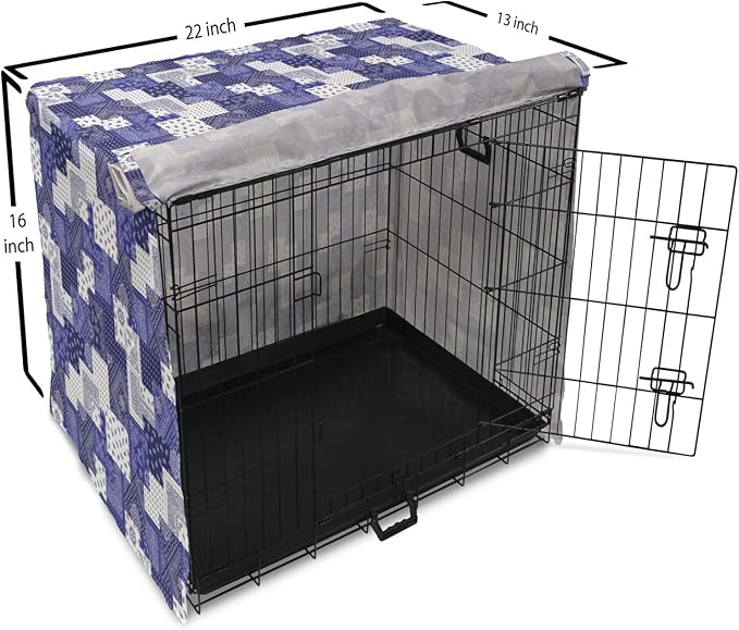 Lunarable Geometric Dog Crate Cover, Eastern Inspirations Canonical Paisley and Floral Composition Squares, Easy to Use Pet Kennel Cover for Small Dogs Puppies Kittens, 22 Inch, Dark Blue Cobalt Blue