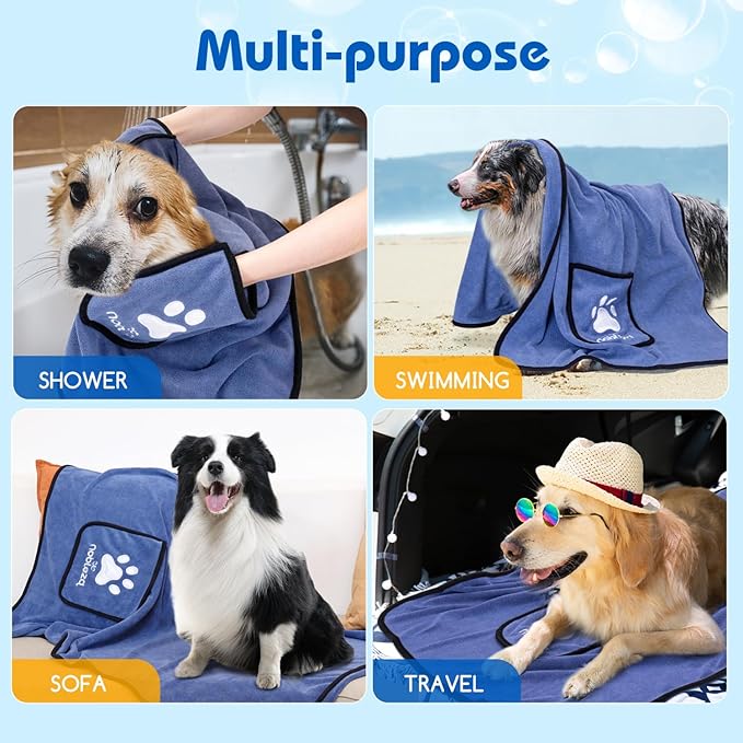 Nobleza Dog Towel, Super Absorbent Large Pet Towel with Hand Pockets, Microfiber Quick Drying Dog Towels for Drying Dogs, Mazarine