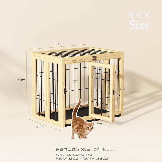 Wooden Folding Pet Cage Puppy Kennel & Cat Cage with Flippable Roof and Removable Tray, Indoor Dog Crate Furniture, Easy Assemble Easy Storing (M)