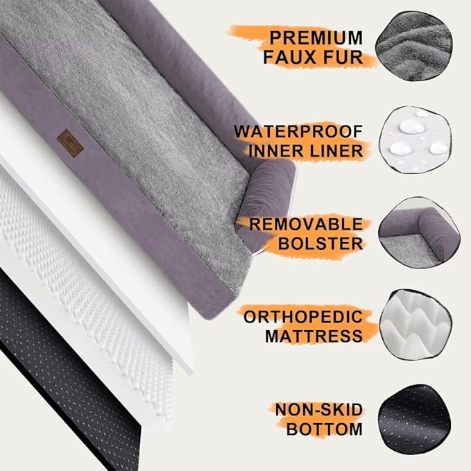 Orthopedic Large Dog Bed Washable, Orthopedic Dog Bed with Removable Bolsters, Washable Dog Beds Cover for Large Dogs, Waterproof Pet Beds and Non-Slip Bottom, Extra Purple Large Dog Bed