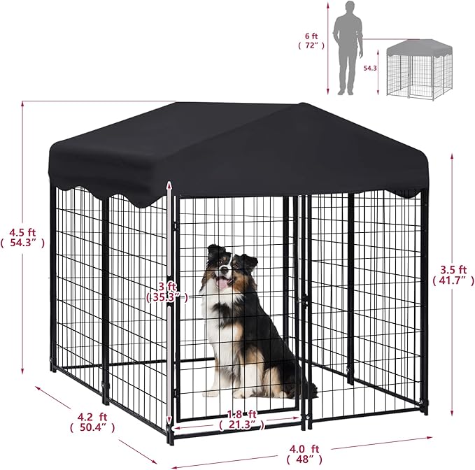 Heavy Duty Outdoor Dog House - Large Kennel with Roof, 4'L x 4'W x 4.5'H - Black Dog Crate with Cover, 2 Set