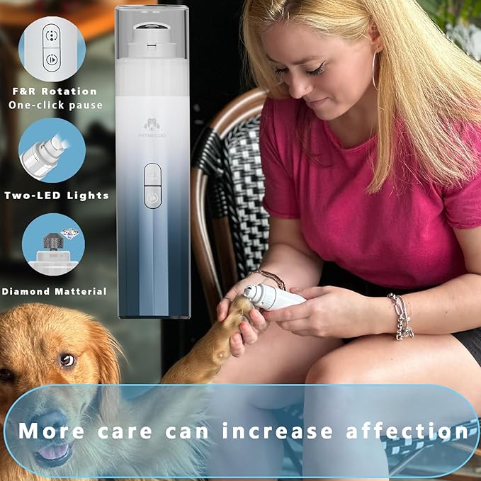 Dog Nail Grinder & Upgrade Professional with 3-Speed Adjustment Super-Quiet and Low-Vibration Pet Nail Trimmers with Forward and Reverse Functions - Safe Pause Button Wireless Type-C Charging