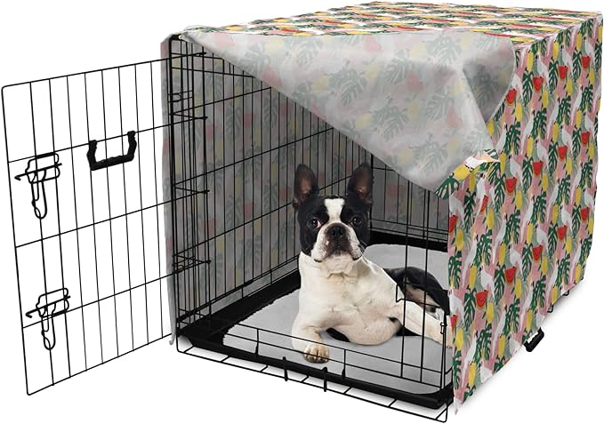 Ambesonne Summer Dog Crate Cover, Cockatoo Parrot in Exotic Forest Watermelon Slices Monstera Lemons Pattern, Easy to Use Pet Kennel Cover for Small Dogs Puppies Kittens, 18 Inch, Rose and Multicolor