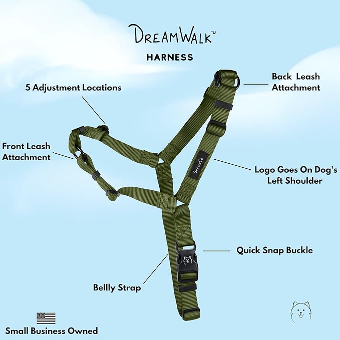 ShawnCo Dream Walk No-Pull Dog Harness- Adjustable, Comfortable, Easy to Use Pet Halter to Help Stop Pulling for Small, Medium and Large Dogs (Olive Green, S)
