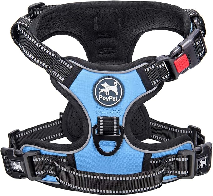 PoyPet No Pull Dog Harness, No Choke Front Lead Dog Reflective Harness, Adjustable Soft Padded Pet Vest with Easy Control Handle for Small to Large Dogs(Light Blue,XS)