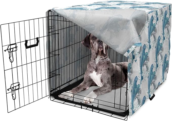 Lunarable Dolphin Dog Crate Cover, Happy Dolphins Jumping and Swimming in Deep Water Grey and Blue Mammals, Easy to Use Pet Kennel Cover for Medium Large Dogs, 48 Inch, Blue Grey Slate Blue