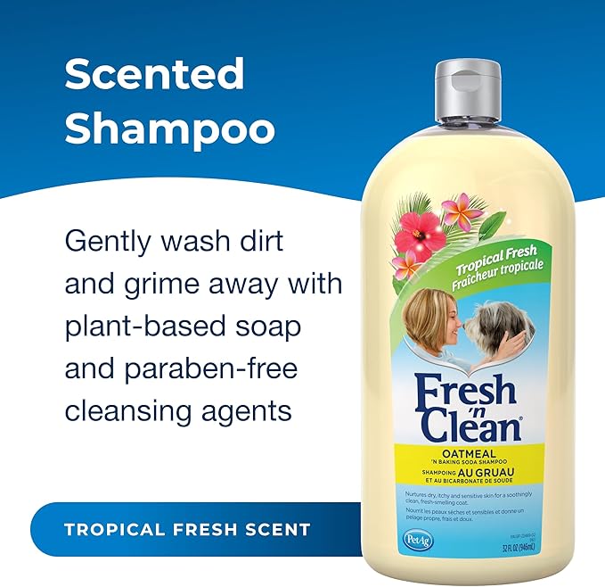 PetAg Fresh ’n Clean Oatmeal ’n Baking Soda Shampoo - Tropical Fresh Scent - 32 oz - Nurtures Dry, Itchy & Sensitive Skin with Vitamin E & Aloe - Strengthens & Repairs Coats - Soap Free