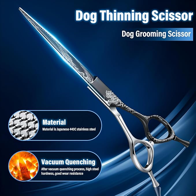 Purple Dragon Dog Grooming Scissors 7-Inch Straight - Professional Pet Hair Trimming Shears for Dogs & Cats, Sharp 440C Japanese Steel, Ergonomic Design for Comfort and Precision