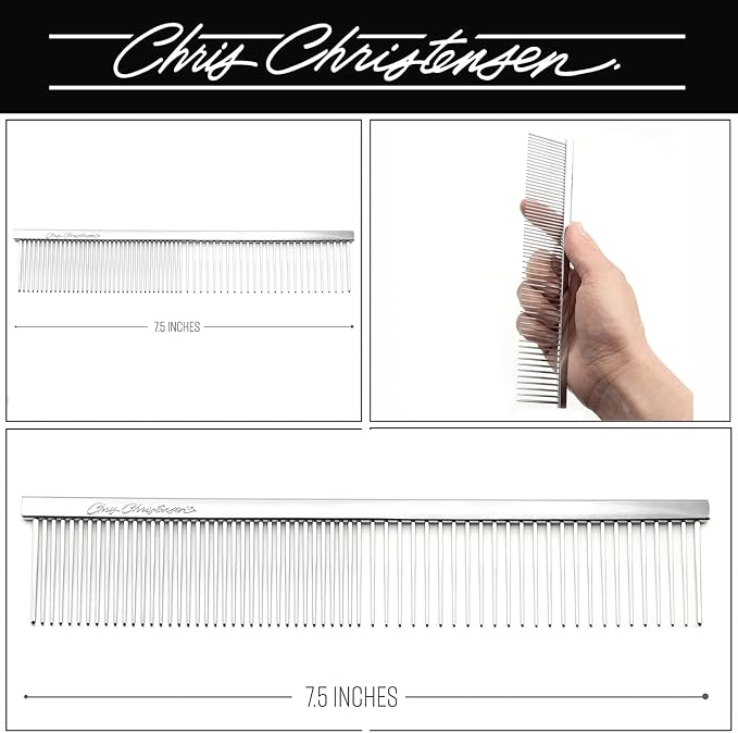 Chris Christensen 000 7.5 in. Greyhound Style Fine/Coarse Colored Butter Comb, Groom Like a Professional, Rounded Corners Prevent Friction and Breakage, Solid Brass with Steel Teeth, Chrome Finish