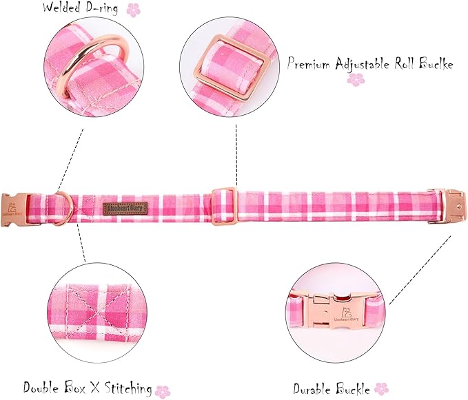 Lionheart glory Valentine's Day Collar, Pink Plaid Dog Collar for Large Cute Dog Collars Spring Female Pet Gift Adjustable Heavy-Duty Dog Collar Holiday