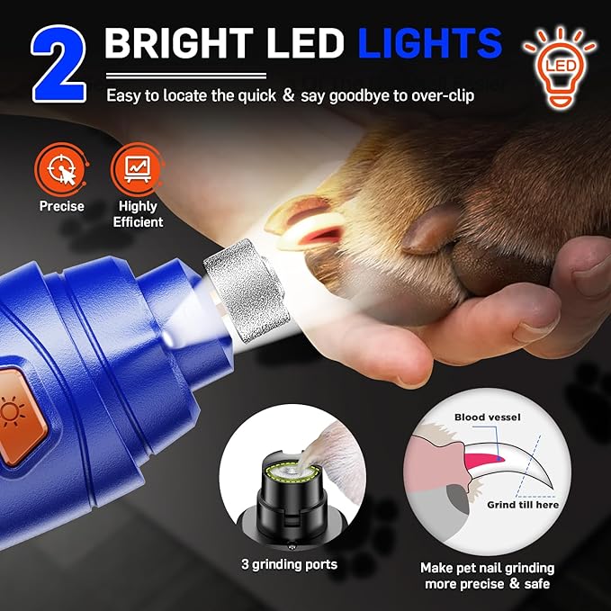 Dog Nail Grinder Super Quiet Dog Nail Trimmers 3 Grinding Wheels 3 Speed Rechargeable Pet Nail Grinder LED Display Dog Nail Clippers Kit for Large Medium Small Dogs Cats Dog Nail File Toenail Clippers