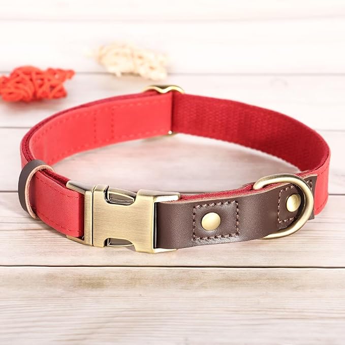 Didog Soft Padded Leather Dog Collar for Large Dogs, Classic Heavy Duty Dog Collars with Quick Release Metal Buckle, Adjustable Large Dog Collar Leather,Red,L
