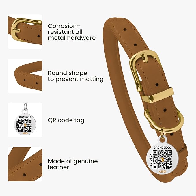 BRONZEDOG Rolled Leather Dog Collar with QR ID Tag Adjustable Soft Round Collars for Small Medium Large Dogs Puppy Cat (7" - 10" Neck Size, Light Brown)