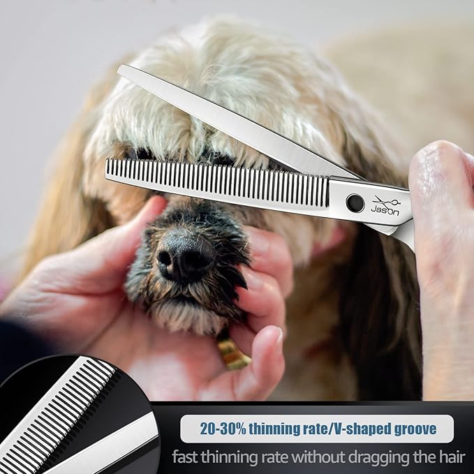 JASON 7.5" Dog Grooming Thinning Blending Scissor, Ergonomic Pet Grooming Thinner Blender Shears Cat Trimming Texturizing Kit with Offset Handle