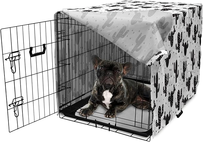 Ambesonne Cactus Dog Crate Cover, Monochrome Saguaro Succulent Botanical Continuous Pattern Plain Background, Easy to Use Pet Kennel Cover for Cats & Medium Dogs, 24 Inch, Charcoal Grey