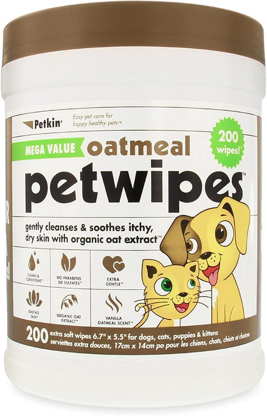 Petkin Mega PetWipes, 200 Wipes - Oatmeal Pet Wipes for Dogs and Cats, Use on Face, Paws, Ears, Body and Eye Area - Ideal for Home or Travel