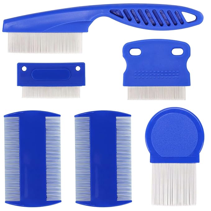 LoveBB 6-Pack Stainless Steel Flea & Lice Combs for Dogs & Cats - Double-Sided Fine Tooth Pet Grooming Comb for Tear Stain Removal & Dematting (Blue)