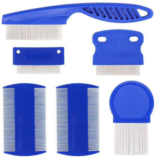 LoveBB 6-Pack Stainless Steel Flea & Lice Combs for Dogs & Cats - Double-Sided Fine Tooth Pet Grooming Comb for Tear Stain Removal & Dematting (Blue)