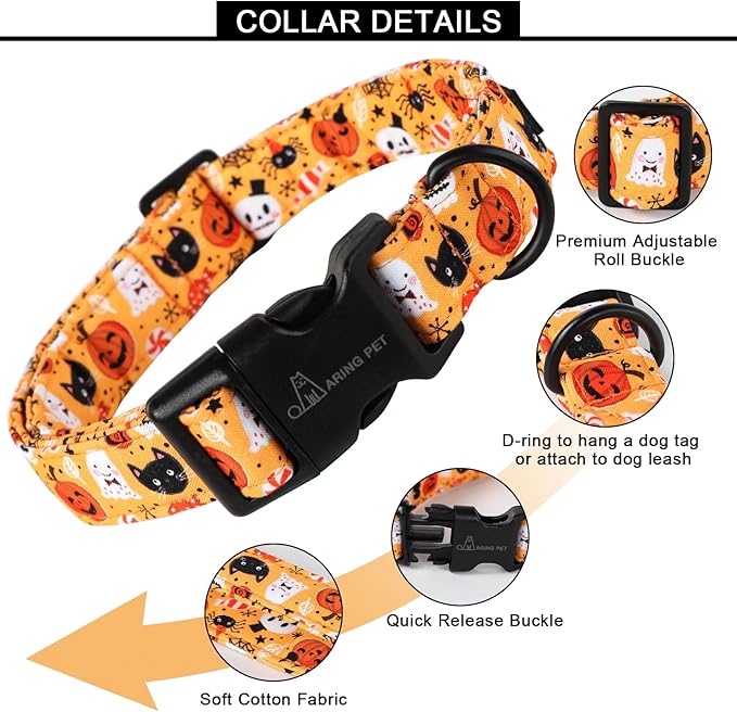 ARING PET Halloween Dog Collar-Cute Pumpkin Dog Collar for Small Dogs, Adjustable Halloween Ghost Dog Collars for Small Medium Large Female and Male Dogs