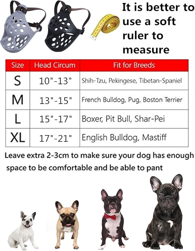 Short Snout Dog Muzzles,Soft Silicone Adjustable Breathable Bulldog Muzzle for Biting Chewing Barking Training,Ideal for Flat-Faced Dogs (Small/10-13"(Pack of 1), Grey)
