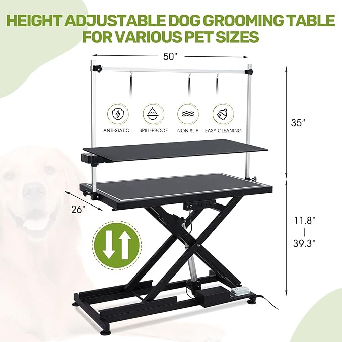 PullaFun 50" Professional Dog Grooming Table,Heavy Duty X-Type Electric Lift Large Pet Grooming Table w/Aluminum Dog Grooming Arm,Anti Slip Tabletop,Tool Organizer/Dog Grooming Station(Black, 50")