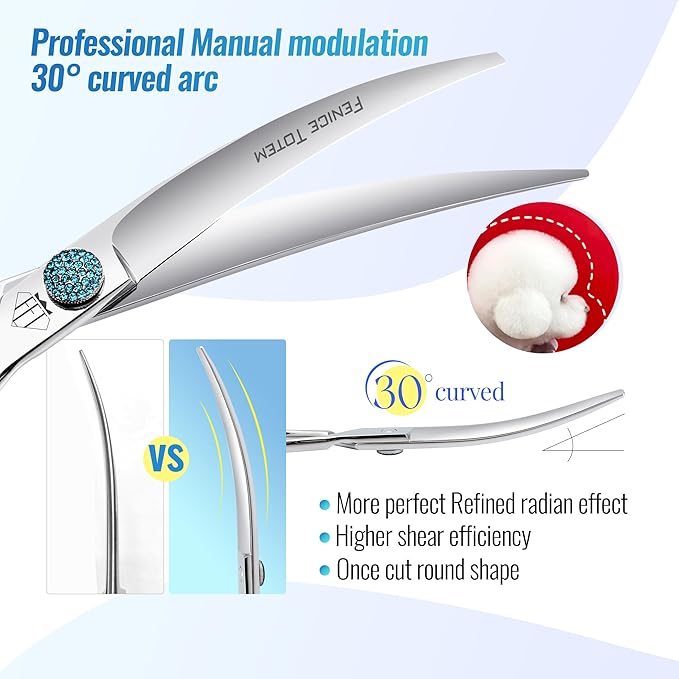 Fenice Professional Grooming Curved Shear: 30 Degree Super Curves Scissors for Dogs 6.5" Big Arc Curved Shears Made Of Japanese 440C Stainless Steel